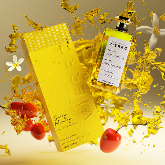 Vierro SUNNY MORNING perfume bottle with floral and citrus design, showcasing a fresh and vibrant scent for women.