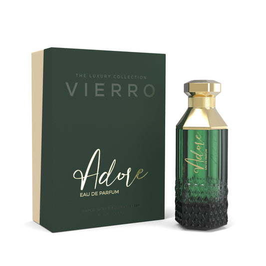 Vierro Adore perfume bottle with elegant design, showcasing the ADORE fragrance for women in a sleek, stylish container.