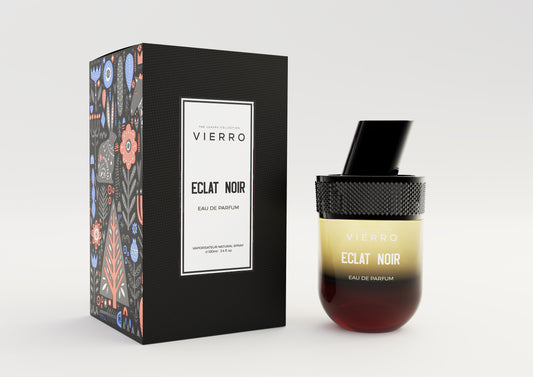Vierro ECLAT NOIR perfume bottle with sleek black and silver design, showcasing the elegant fragrance packaging.