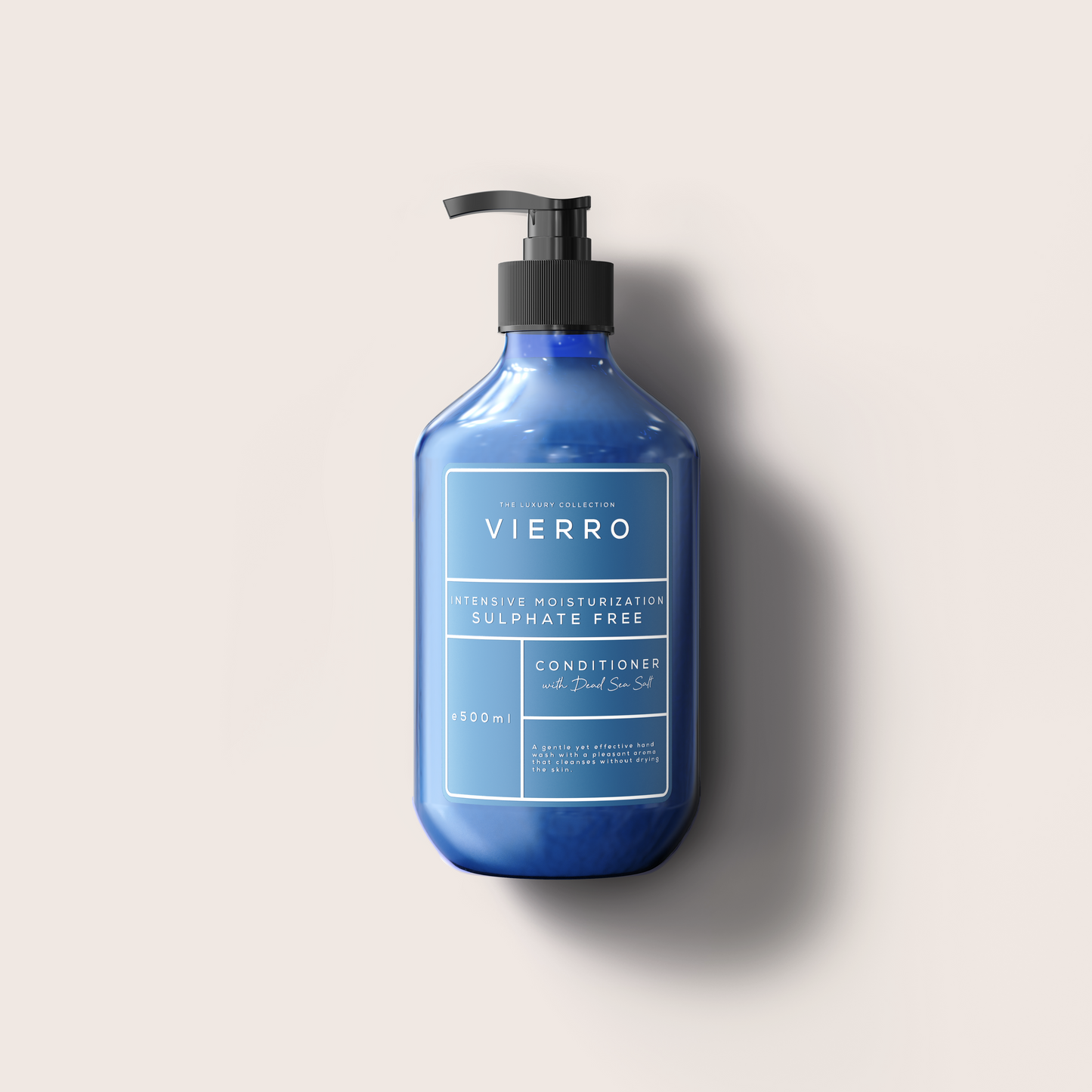 Blue lotion bottle with black pump labeled 'Vierro' on a light gray background