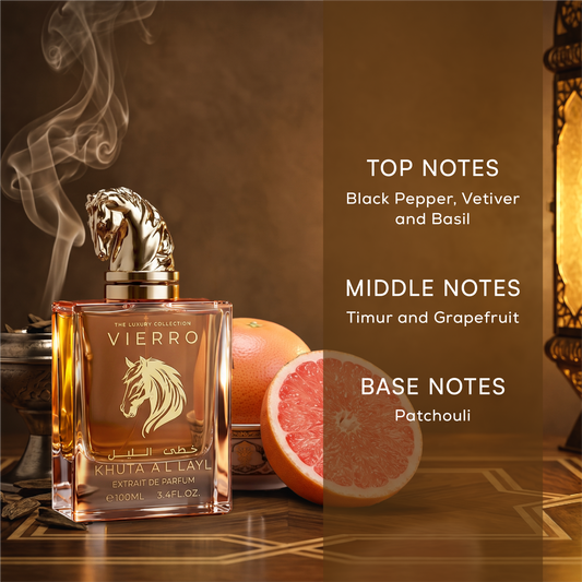 Infographic graphic for KHUTA AL LAYL Extrait de Parfum by Vierro detailing the top notes (black pepper, vetiver, and basil), middle notes (timur and grapefruit), and base notes (patchouli) alongside the 100ml bottle with a gold horse head cap.