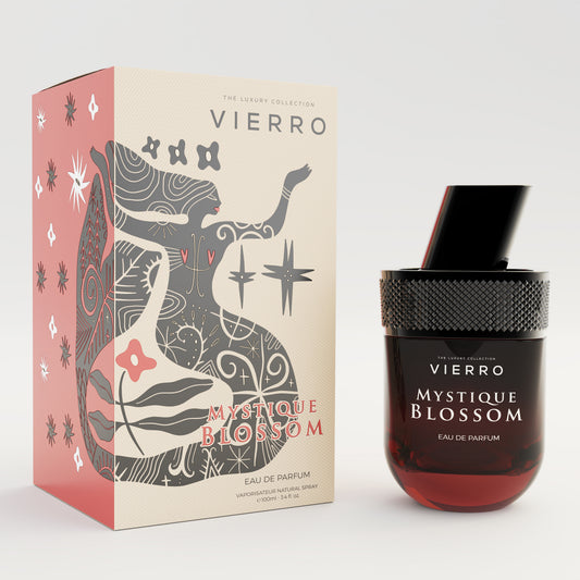 Vierro Mystique Blossom perfume bottle with floral design and elegant packaging, showcasing the perfume's luxurious and fresh scent.