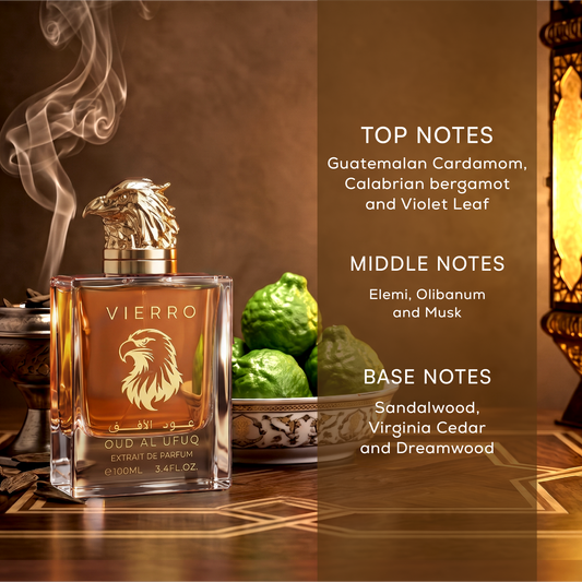 OUD AL UFUQ Extrait de Parfum by Vierro detailing the top notes (Guatemalan cardamom, Calabrian bergamot, and violet leaf), middle notes (elemi, olibanum, and musk), and base notes (sandalwood, Virginia cedar, and Dreamwood) alongside the 100ml bottle with a gold falcon head cap.