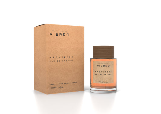 Elegant bottle of Vierro Magnifice perfume with floral and citrus notes, showcasing the premium fragrance design.