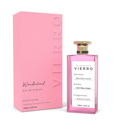 Vierro Wonderland perfume bottle with elegant design, showcasing the front view of the floral-scented fragrance.