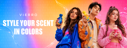 Gen Z holding the perfume bottle of vierro with blue bottle perfume with blue colour cloths and yellow colour perfume bottle with yellow jacket and pick colour perfume bottle with girl in pink outfit