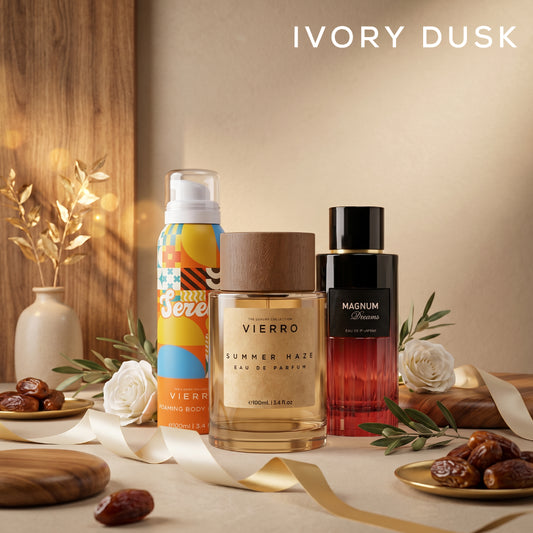 Ivory Dusk gift set by Vierro featuring elegant skincare or fragrance products in a stylish packaging.