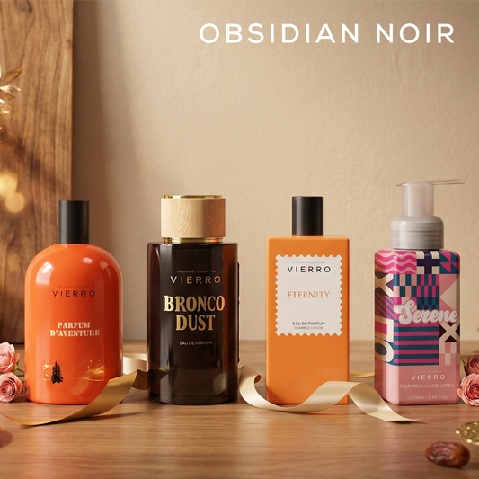 Vierro Obsidian Noir gift set with elegant dark packaging and luxurious skincare products displayed neatly.