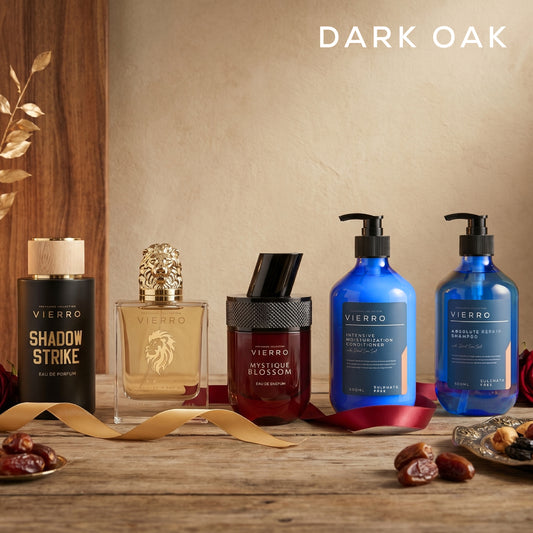 Vierro Dark Oak Gift Set featuring elegant dark oak packaging and a selection of premium grooming products.