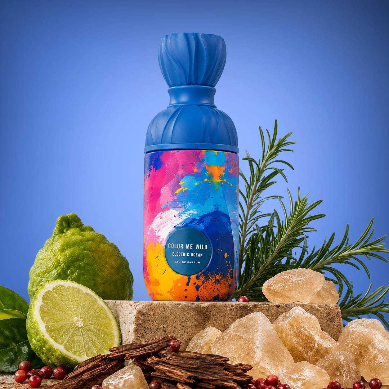 Vierro Electric Ocean perfume bottle with a sleek design and blue accents, showcasing the fragrance's fresh and oceanic vibe.