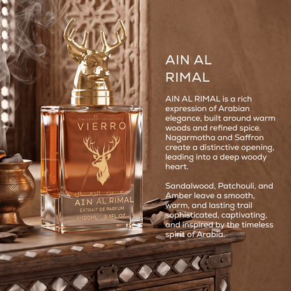 Promotional graphic for Ain Al Rimal Extrait de Parfum by Vierro featuring a 100ml bottle with a gold deer head cap against an ornate wooden backdrop with product description text.