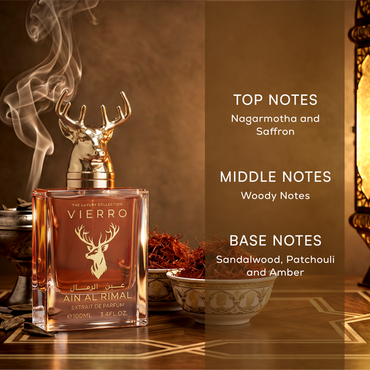 Infographic graphic for Ain Al Rimal Extrait de Parfum by Vierro detailing the top notes (nagarmotha and saffron), middle notes (woody notes), and base notes (sandalwood, patchouli, and amber) alongside the 100ml bottle.
