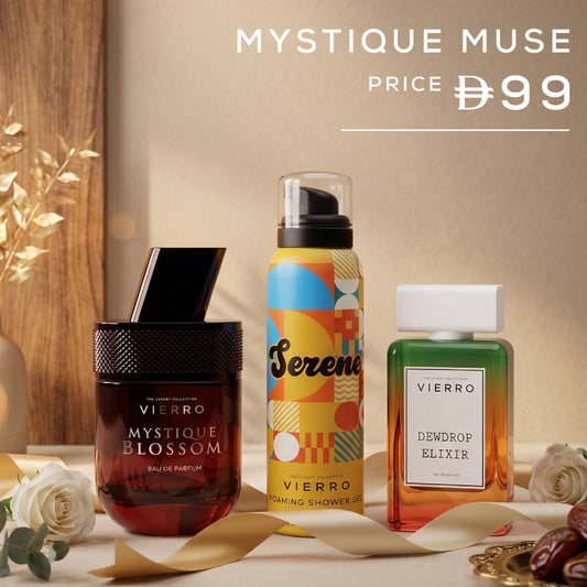 Vierro Mystique Muse gift set featuring elegant packaging with a perfume bottle, skincare products, and accessories.