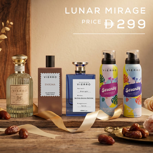 Vierro Lunar Mirage Gift Set featuring elegant packaging, containing skincare products with a celestial-inspired design.