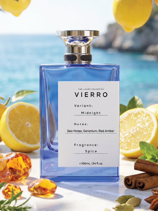 Vierro Midnight perfume bottle with sleek black design and elegant cap, showcasing a luxurious fragrance presentation.