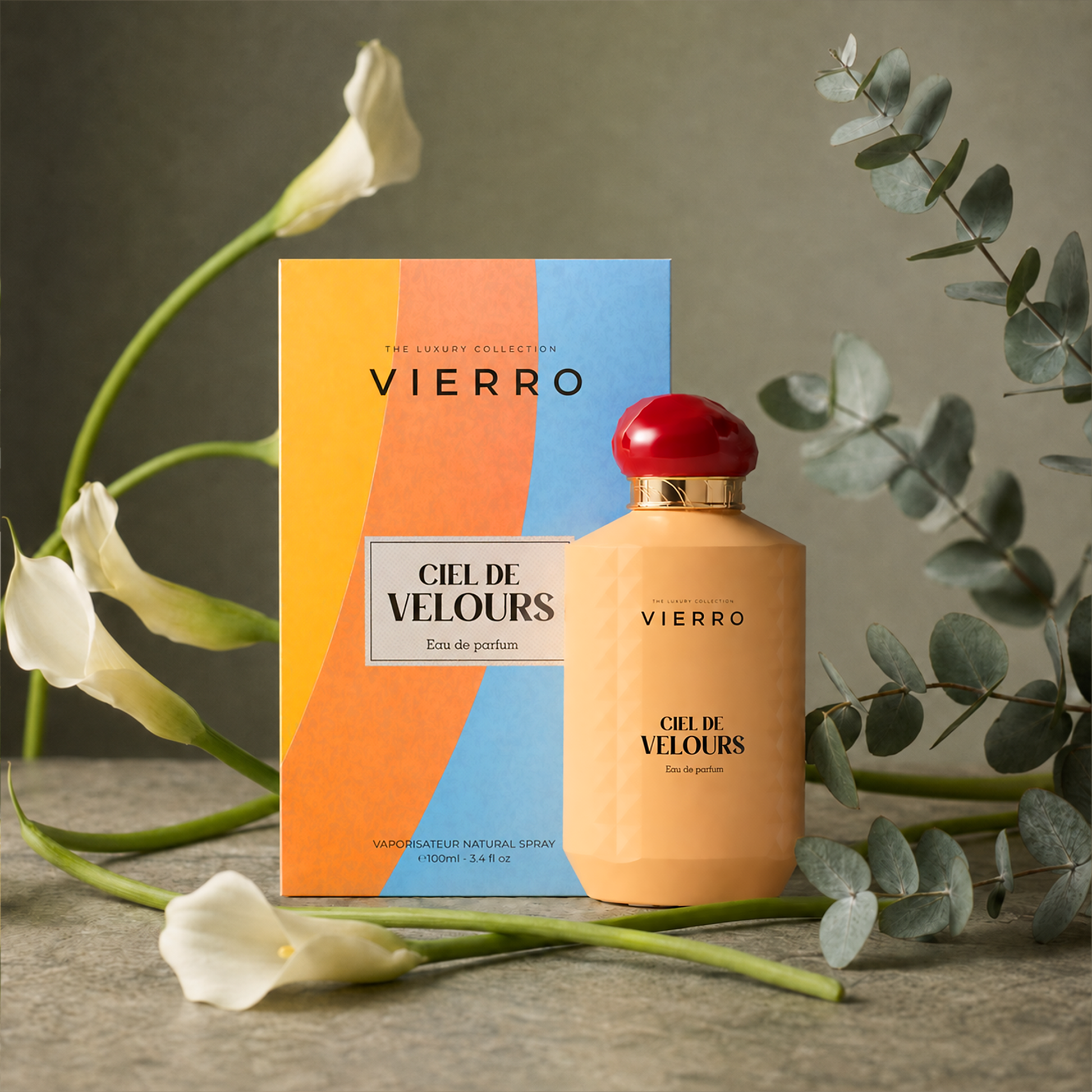 Vierro CIEL DE VELOURS perfume box and bottle, elegant design with a luxurious appearance, for women and men.
