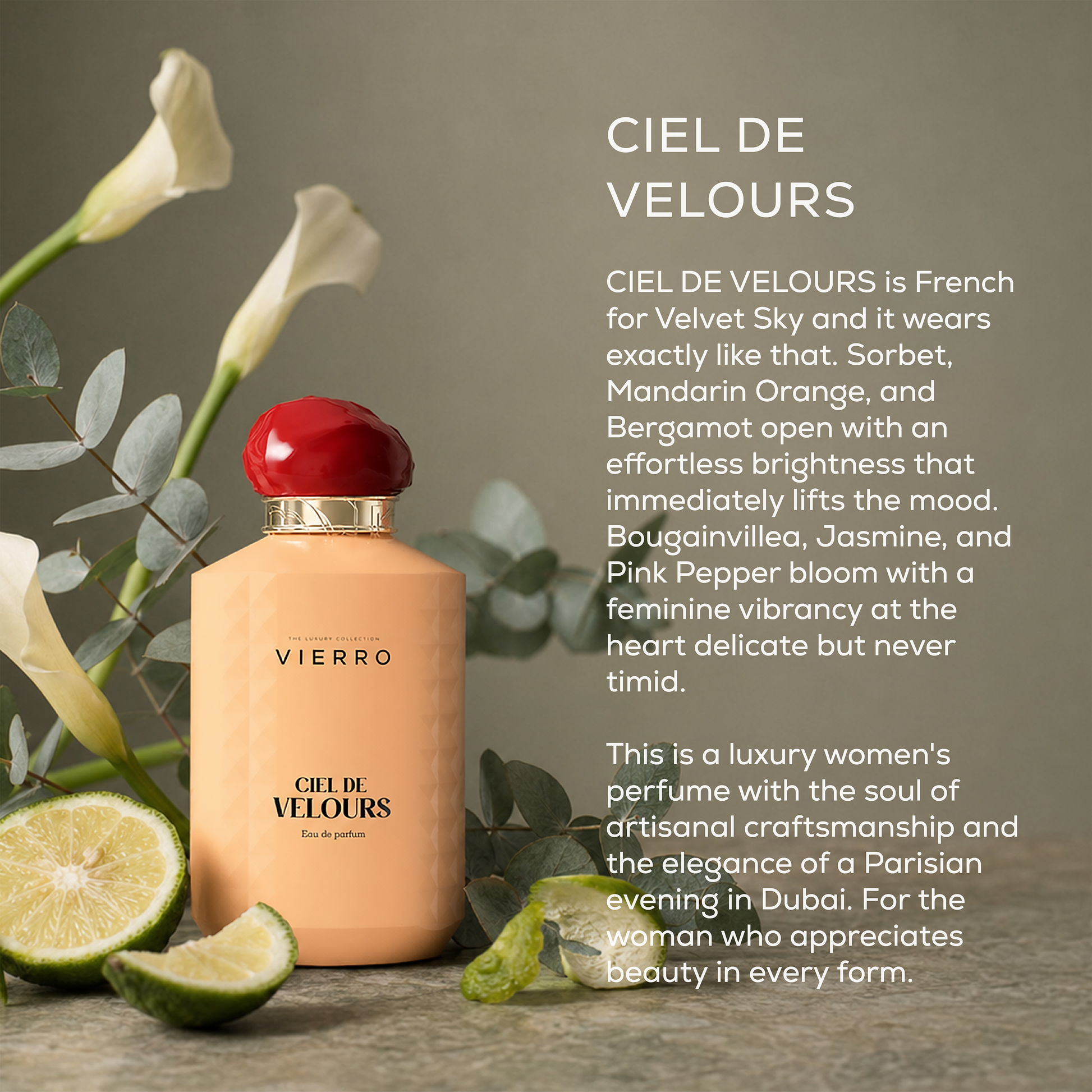 Vierro CIEL DE VELOURS perfume bottle with elegant floral design and soft velvet accents on a neutral background.