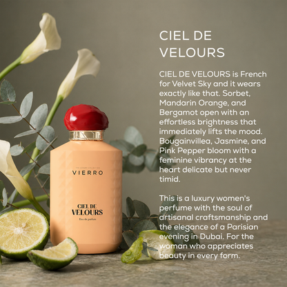 Vierro CIEL DE VELOURS perfume bottle with elegant floral design and soft velvet accents on a neutral background.