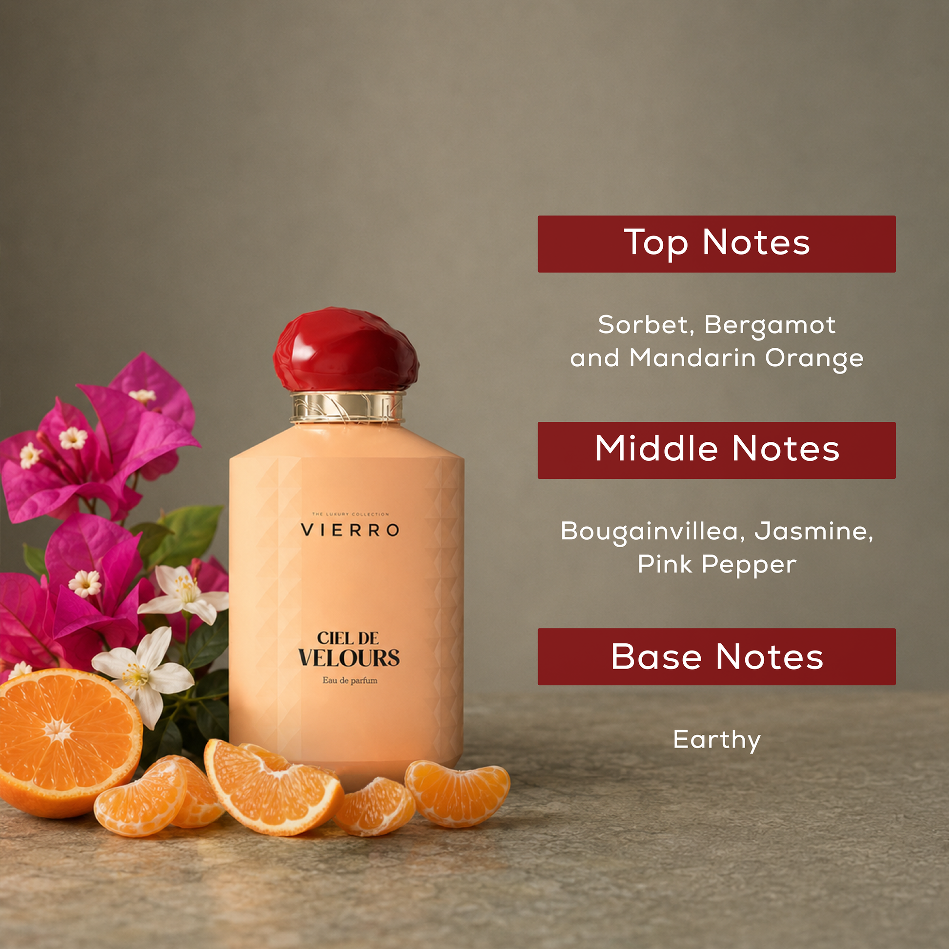 Vierro CIEL DE VELOURS perfume bottle with elegant floral design and soft pastel colors, showcasing the luxurious fragrance.