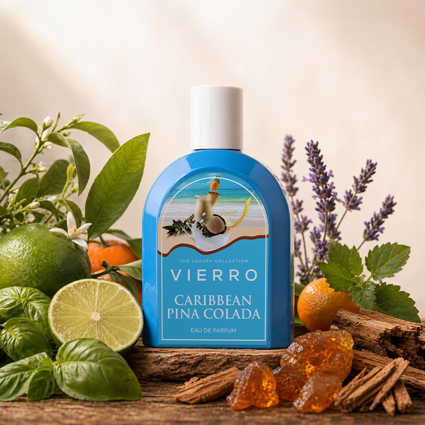 A bottle of Vierro Caribbean Pina Colada liqueur with a tropical-themed label and a colorful pineapple and coconut background.