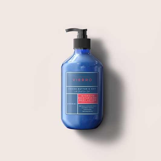 A 500ml blue pump bottle of Vierro Cocoa Butter & Soy Intensive Moisturizing Body Lotion against a neutral light background.