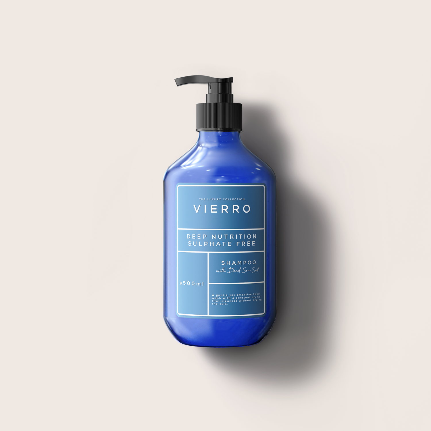 Blue Shampoo bottle with black pump labeled 'Vierro DEEP NUTRITION - Shampoo' on a light gray background