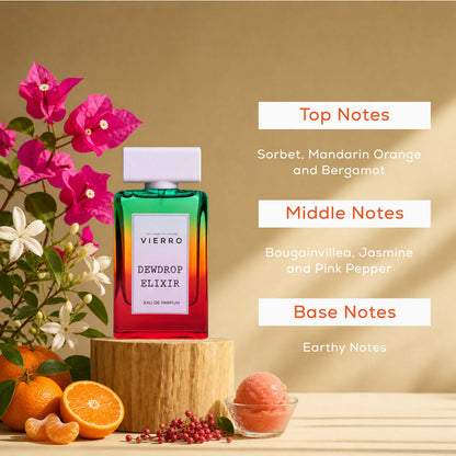 Vierro Dewdrop Elixir perfume bottle with floral and fruity notes, elegant design, and vibrant colors.