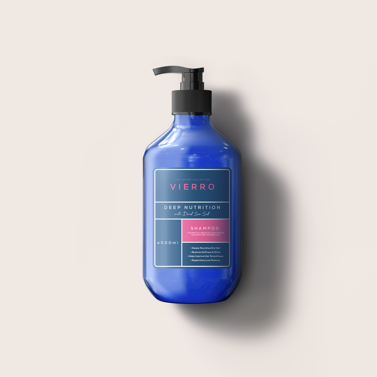 A 500ml blue pump bottle of Vierro Deep Nutrition Shampoo against a neutral light background.