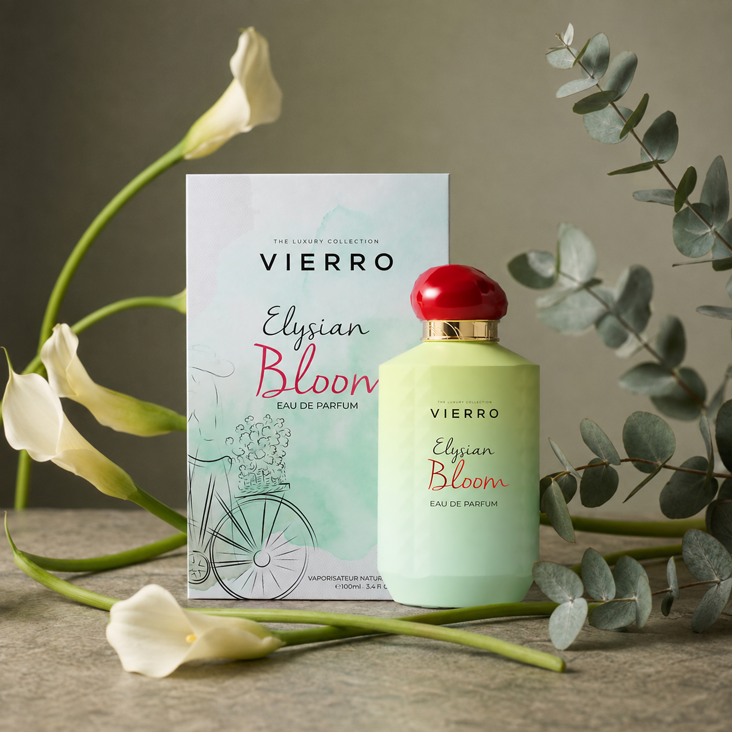 Elysian Bloom perfume from Vierro displayed with box and bottle, featuring elegant packaging and floral-inspired design.