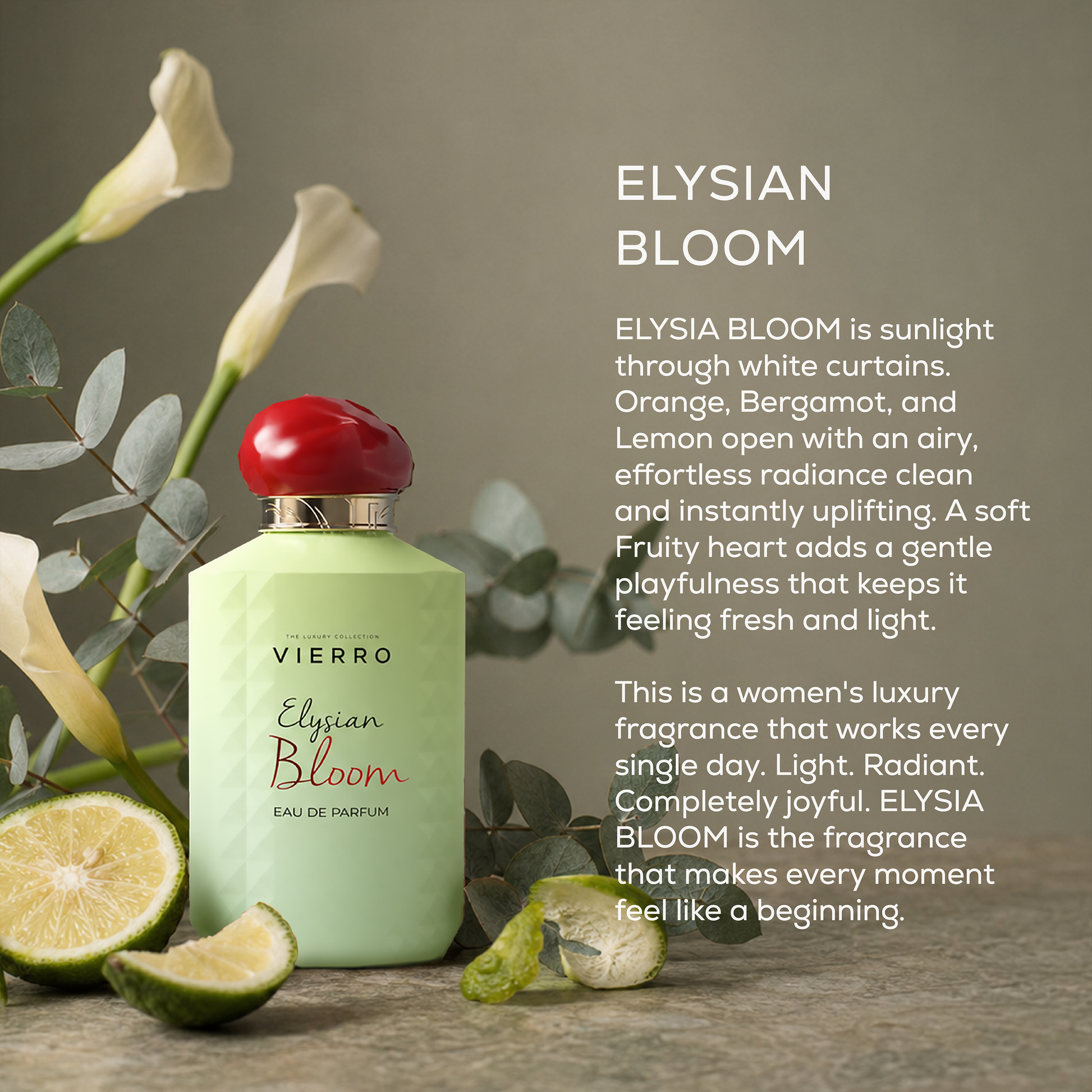 Vierro Elysian Bloom perfume bottle with elegant floral design and soft pastel colors, showcasing a luxurious fragrance.