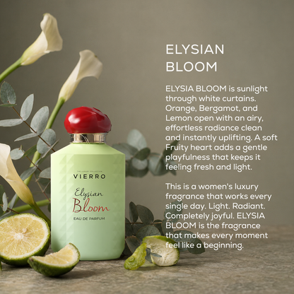 Vierro Elysian Bloom perfume bottle with elegant floral design and soft pastel colors, showcasing a luxurious fragrance.