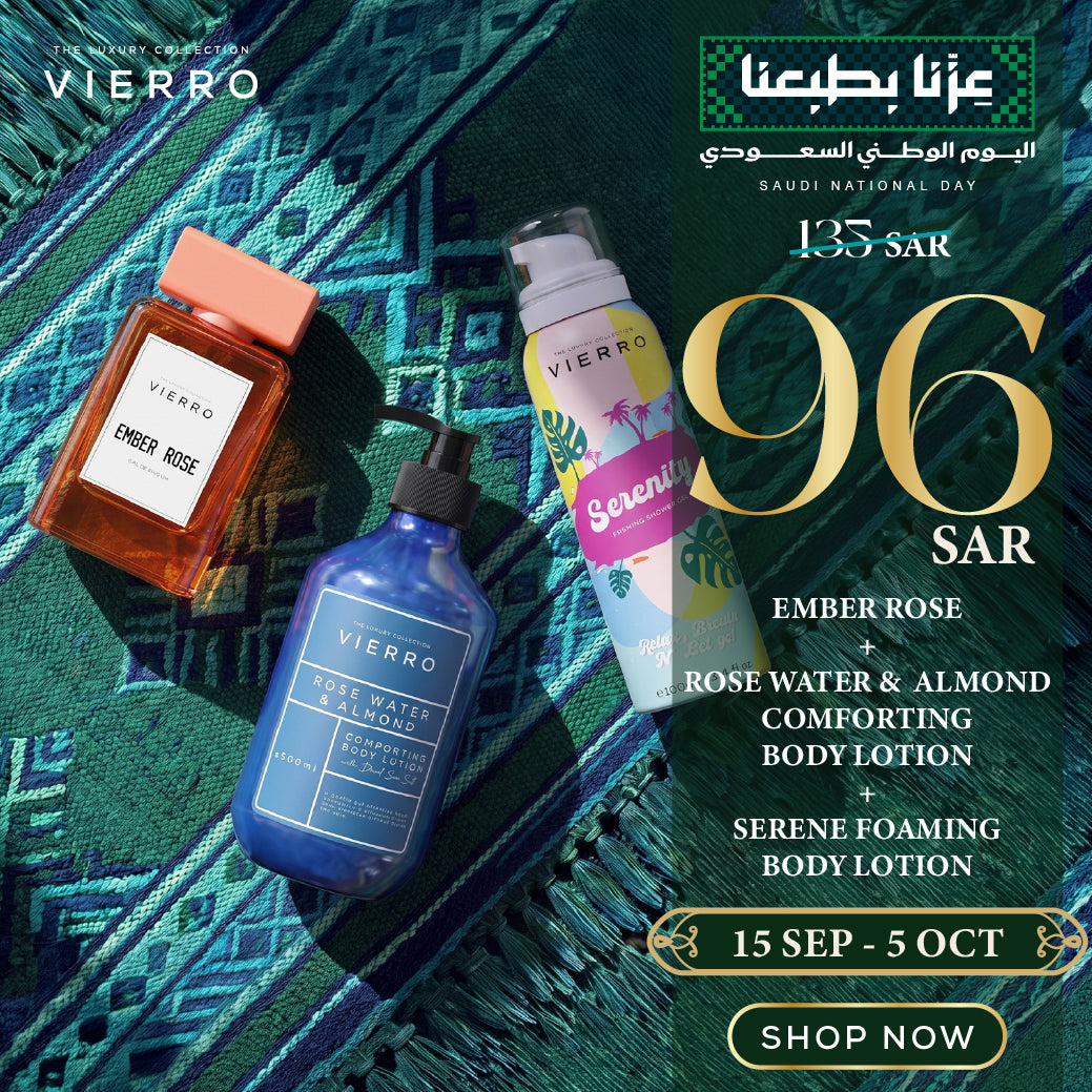 Vierro Saudi National Day promotional banner featuring Ember Rose perfume, Rose Water & Almond Comforting Body Lotion, and Serene Foaming Body Lotion displayed over a green and blue patterned background, with special offer pricing of 96 SAR (reduced from 135 SAR) valid from 15 Sep to 5 Oct.