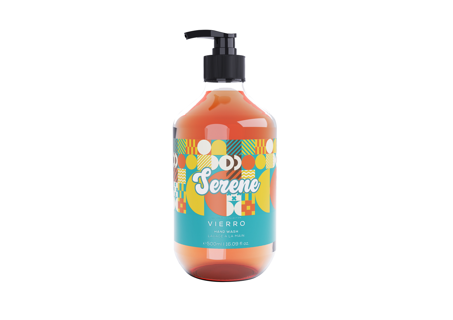Vierro Hand Wash Serene bottle with soft label and pump dispenser, featuring a calming design for gentle hand cleansing.