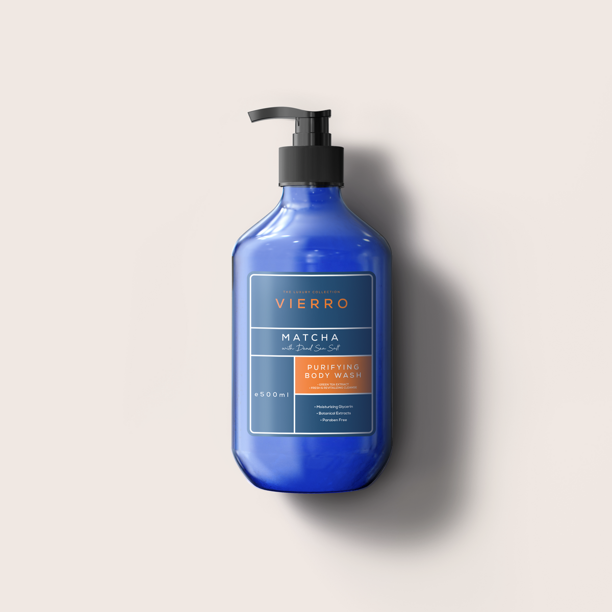 A 500ml blue pump bottle of Vierro Matcha Body Wash against a neutral light background.