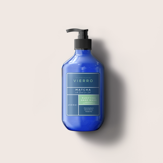 A 500ml blue pump bottle of Vierro Matcha Purifying Hand Wash against a neutral light background.