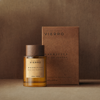 Vierro Magnifice perfume box and bottle, elegant packaging with a sleek design, showcasing the luxurious fragrance product.