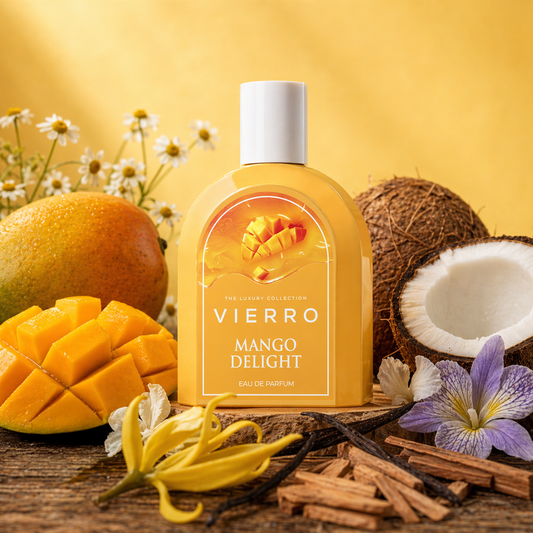 Vierro Mango Delight smoothie in a clear glass, topped with fresh mango slices and a sprig of mint.