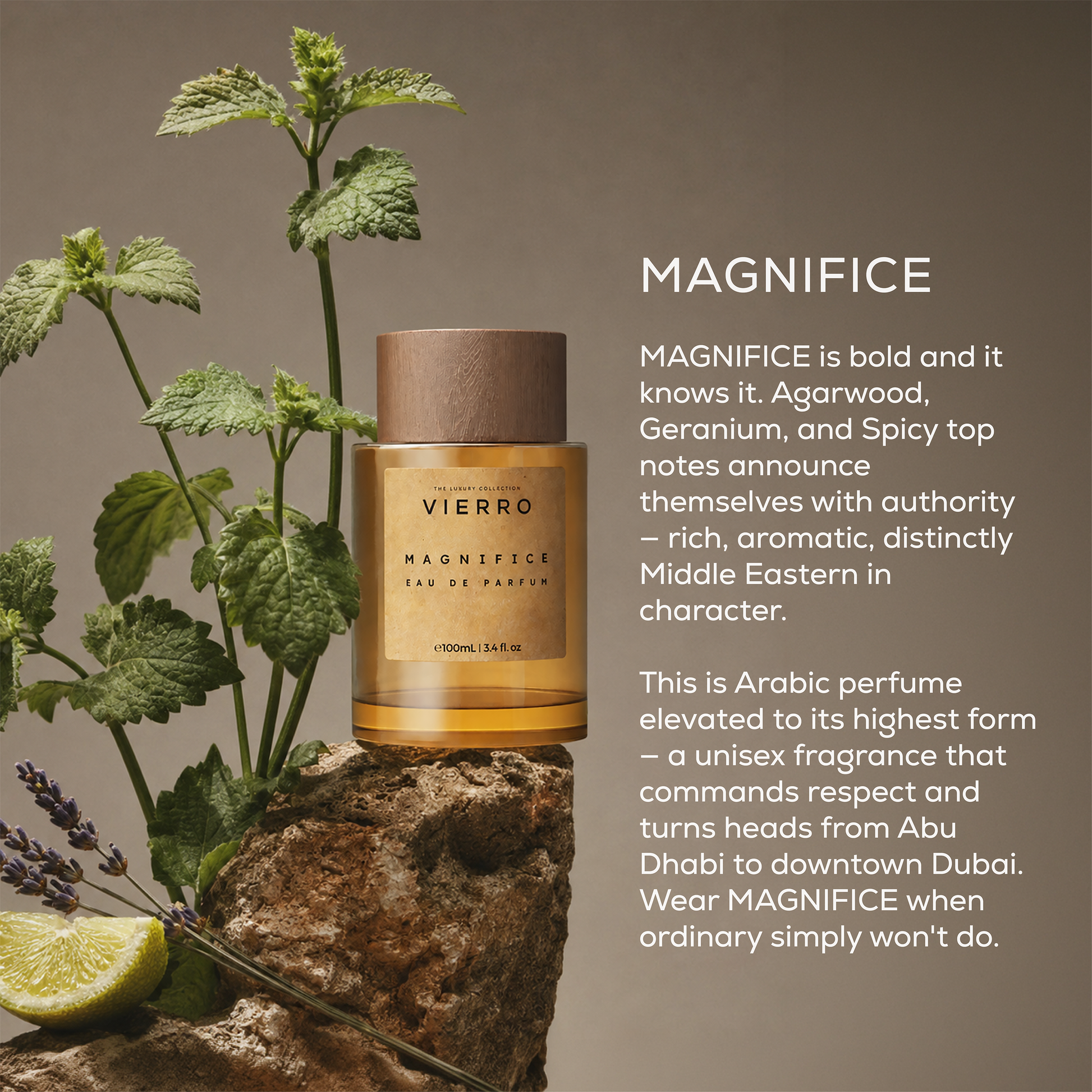 Vierro Magnifice perfume bottle with elegant design, featuring a sleek glass container and a stylish cap.