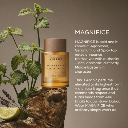 Vierro Magnifice perfume bottle with elegant design, featuring a sleek glass container and a stylish cap.