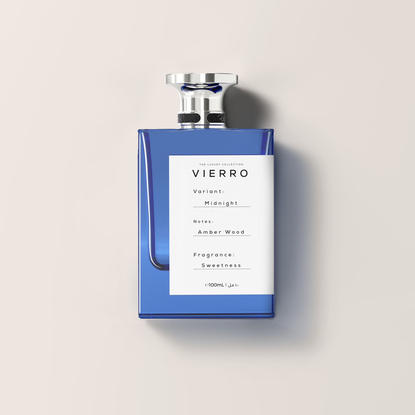 Blue Vierro perfume bottle on a beige background