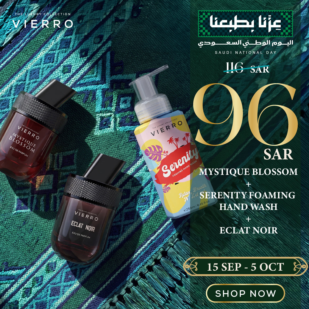 Vierro Saudi National Day promotional banner featuring Mystique Blossom perfume, Eclat Noir perfume, and Serenity Foaming Hand Wash displayed over a green and blue patterned background, with special offer pricing of 96 SAR (reduced from 116 SAR) valid from September 15 to October 5.