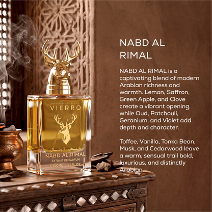 NABD AL RIMAL Extrait de Parfum by Vierro featuring a 100ml bottle with a gold deer head cap against an ornate wooden backdrop with descriptive scent notes.