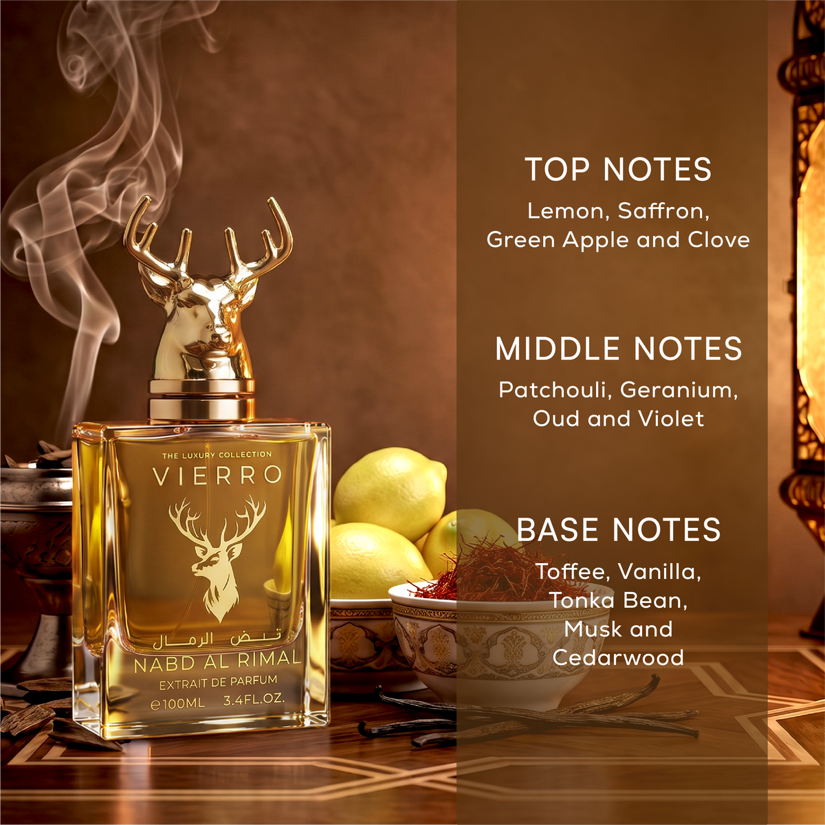 Infographic graphic for NABD AL RIMAL Extrait de Parfum by Vierro detailing the top notes (lemon, saffron, green apple, and clove), middle notes (patchouli, geranium, oud, and violet), and base notes (toffee, vanilla, tonka bean, musk, and cedarwood) alongside the 100ml bottle with a gold deer head cap.