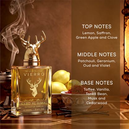 Infographic graphic for NABD AL RIMAL Extrait de Parfum by Vierro detailing the top notes (lemon, saffron, green apple, and clove), middle notes (patchouli, geranium, oud, and violet), and base notes (toffee, vanilla, tonka bean, musk, and cedarwood) alongside the 100ml bottle with a gold deer head cap.