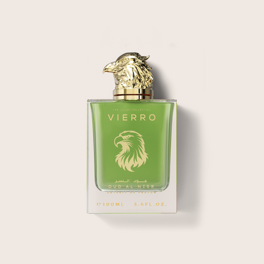 A 100ml bottle of Vierro Oud-Al-Nisr perfume from The Scent Collection, featuring a translucent green glass body with a metallic gold eagle emblem and a gold cap shaped like an eagle's head, set against a light beige background.