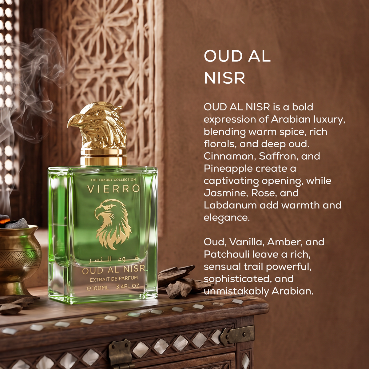 OUD AL NISR Extrait de Parfum by Vierro featuring a 100ml bottle with a gold eagle head cap on an ornate wooden surface with descriptive text and an incense burner in the background.