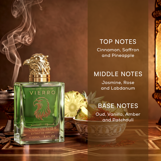 OUD AL NISR Extrait de Parfum by Vierro detailing the top notes (cinnamon, saffron, and pineapple), middle notes (jasmine, rose, and labdanum), and base notes (oud, vanilla, amber, and patchouli) alongside the 100ml bottle with a gold eagle head cap.