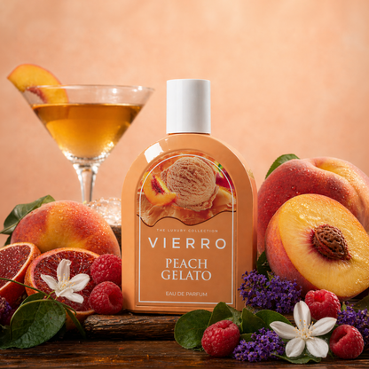Creamy peach gelato from Vierro with a smooth texture, served in a bowl with fresh peach slices and a sprig of mint.