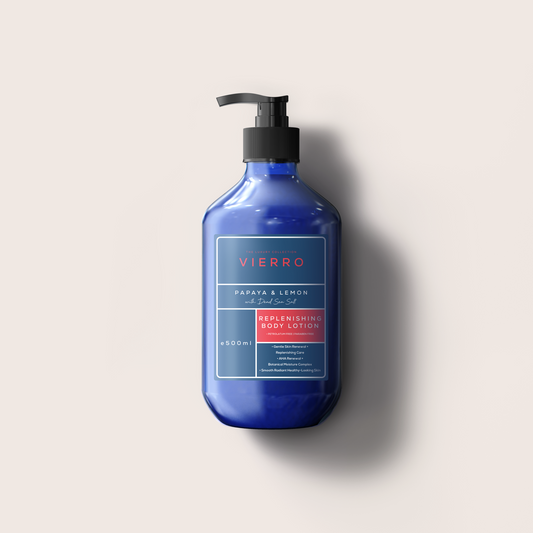 Vierro Papaya & Lemon Replenishing Body Lotion bottle geschniegelt and labeled against a plain background