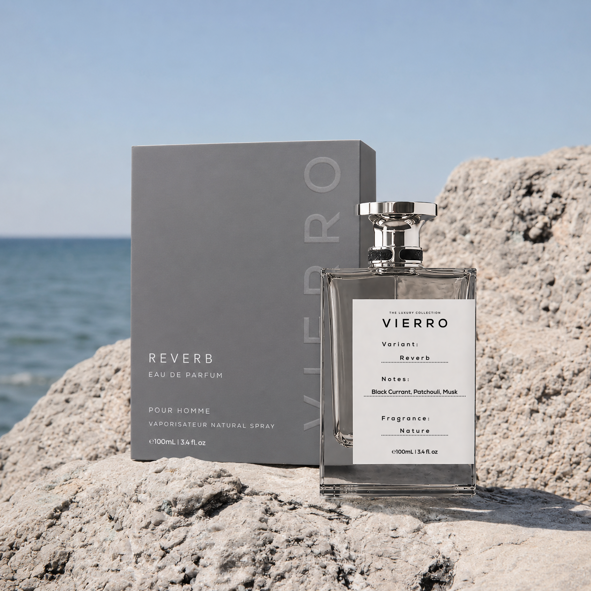 Vierro Reverb perfume box and bottle, elegant fragrance packaging with sleek design, showcasing the luxurious perfume product.
